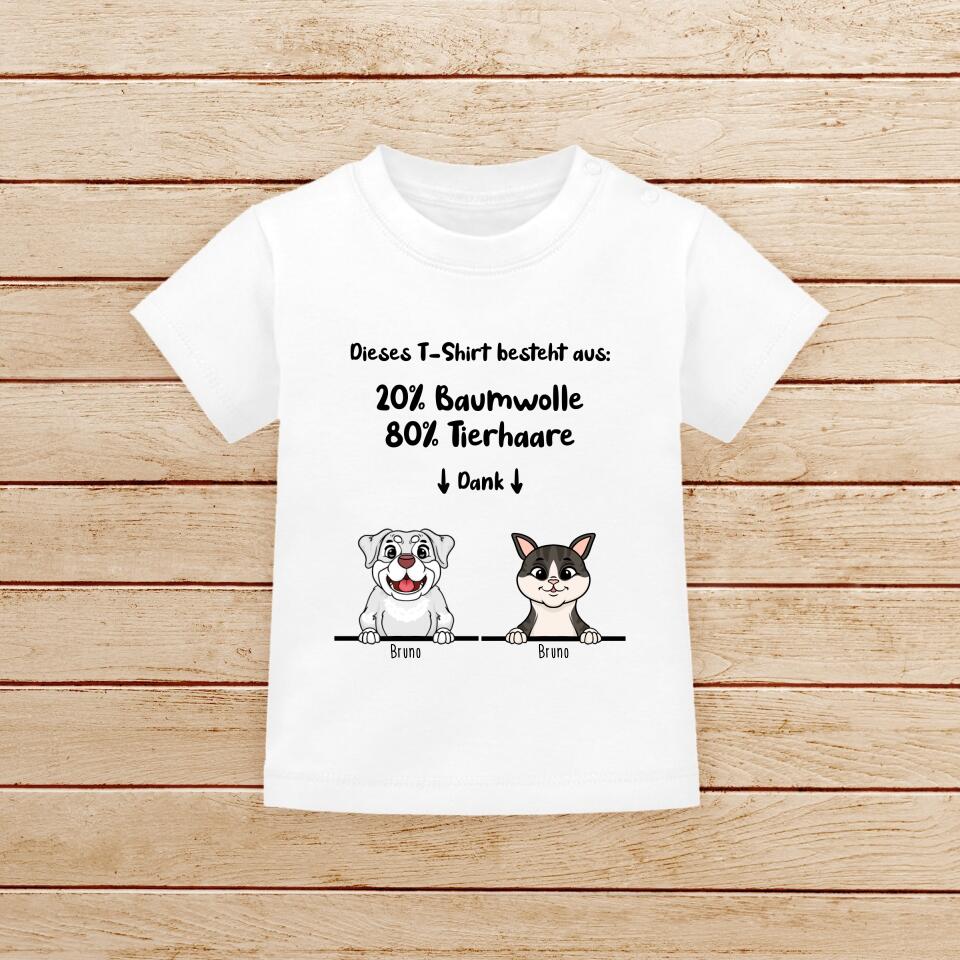 Personalisiertes Baby/Kinder T-Shirt - 20% Baumwolle - 80% Tierhaare mit 1-6 Hunden/Katzen