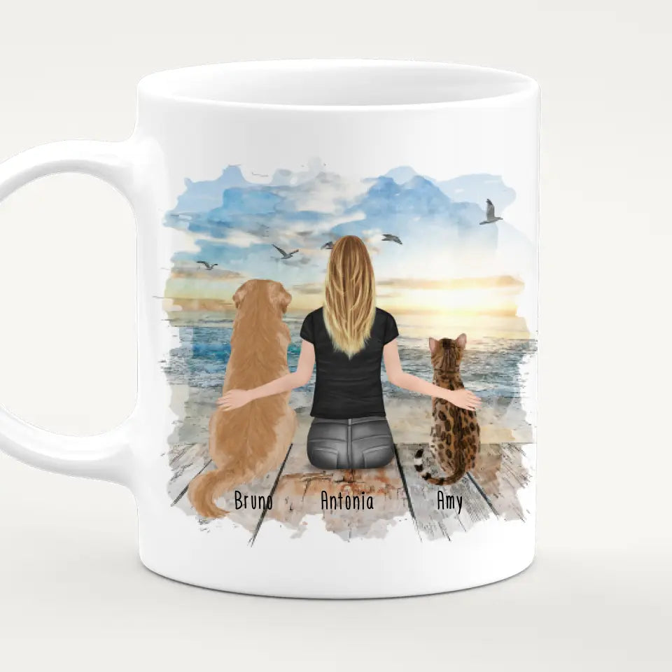 Personalisierte Tasse mit Hund/Katze/Frau (1 Hunde + 1 Katze + 1 Frau)