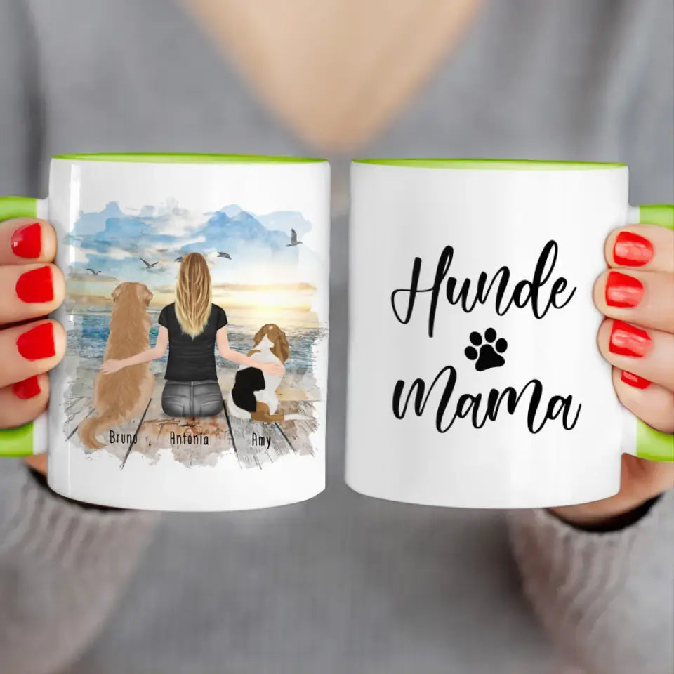 Personalisierte Tasse mit Hund und Frau (2 Hunde + 1 Frau)