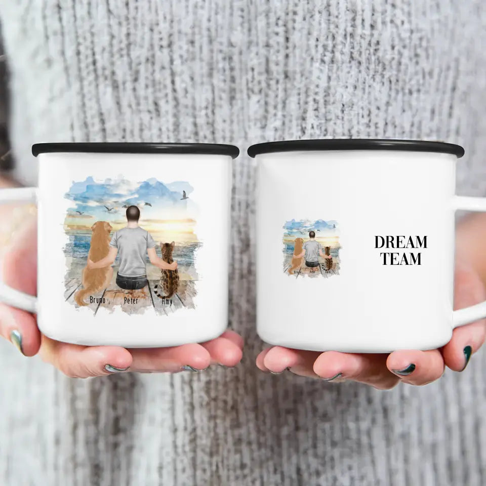 Personalisierte Tasse mit Hund, Katze und Mann (1 Hund + 1 Katze + 1 Mann)