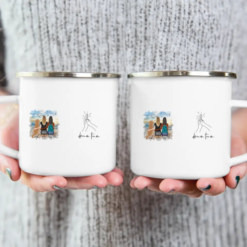 Personalisierte Tasse mit Hund und Frauen (1 Hund + 2 Frauen)