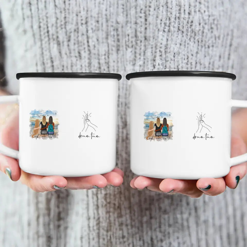Personalisierte Tasse mit Hund und Frauen (1 Hund + 2 Frauen)