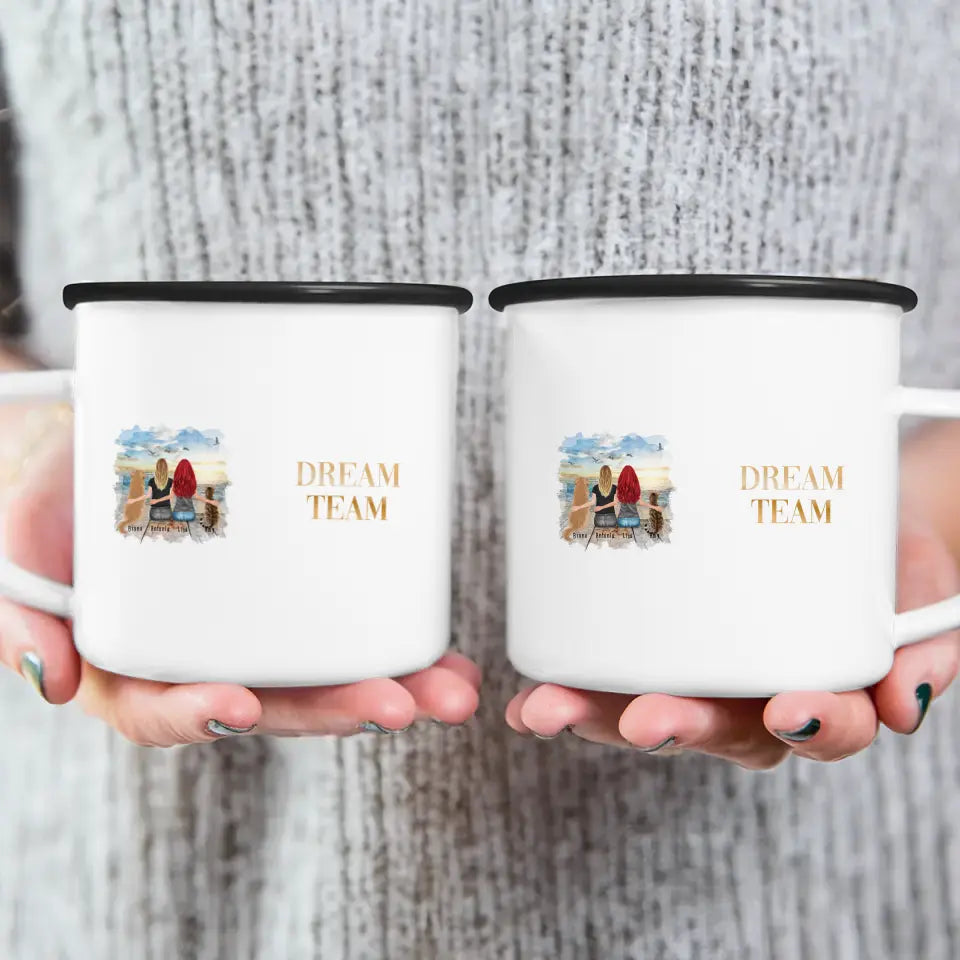Personalisierte Tasse mit Hund, Katze und Frauen (1 Hund + 1 Katze + 2 Frauen)