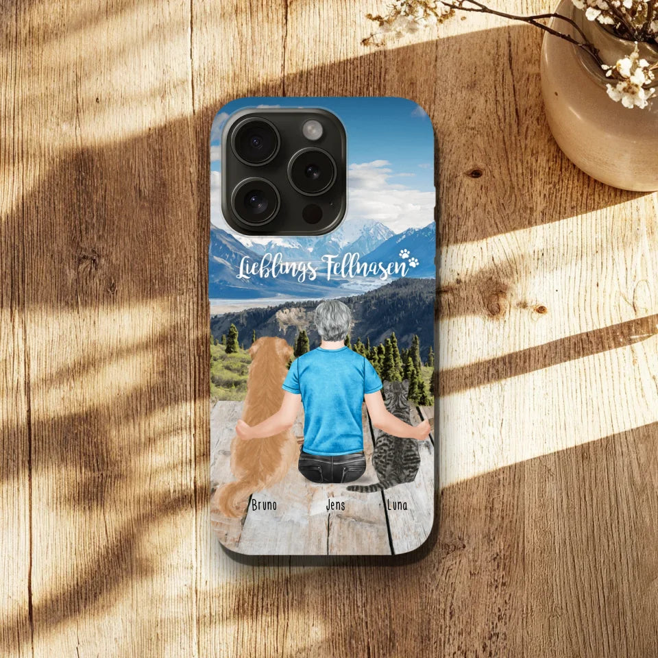 Personalisierte Handyhülle mit 1 Mann + 2 Hunde/Katzen