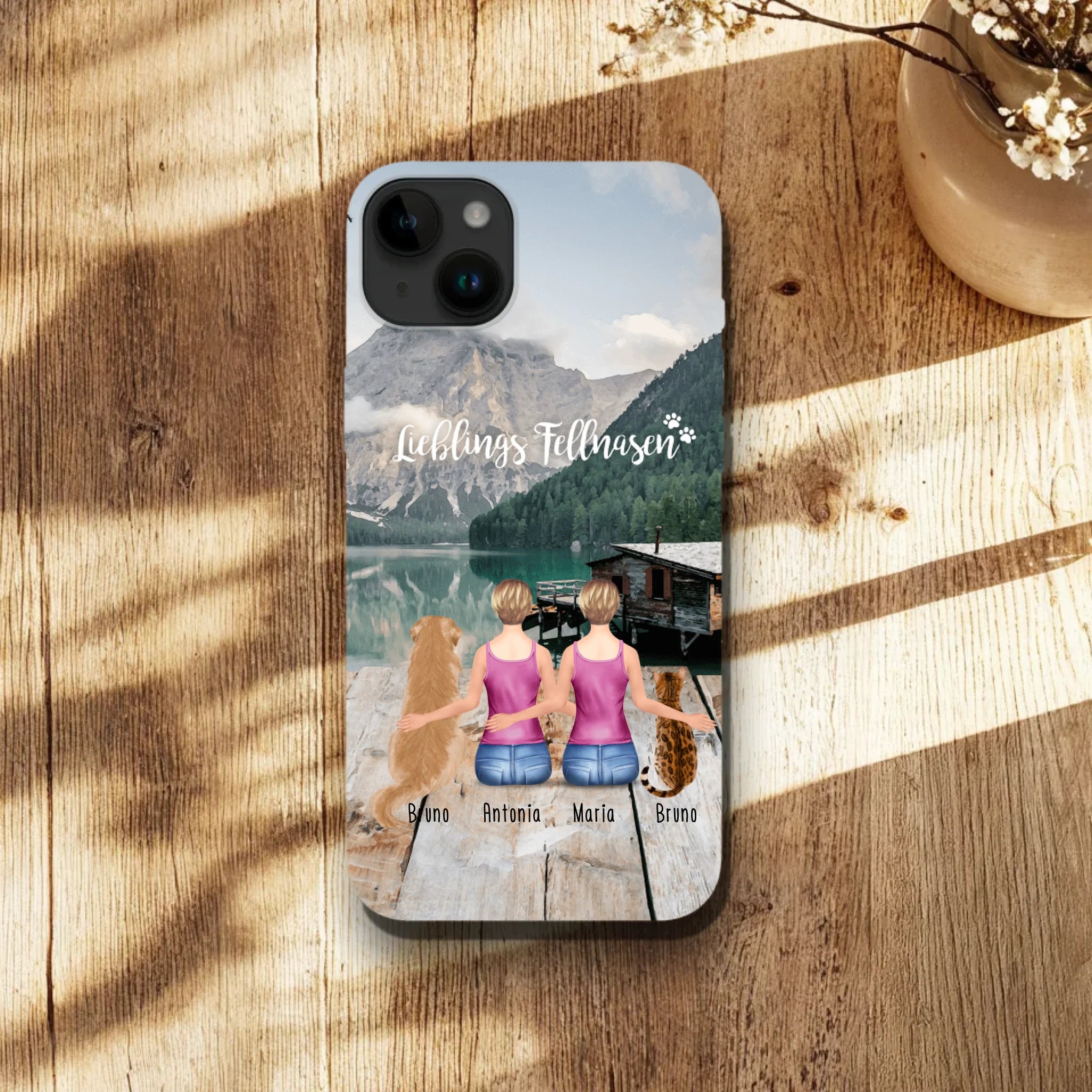 Personalisierte Handyhülle mit 2 Frauen + 2 Hunde/Katzen